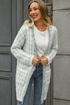 Dim Gray Plaid Fringe Trim Open Front Longline Cardigan Clothing