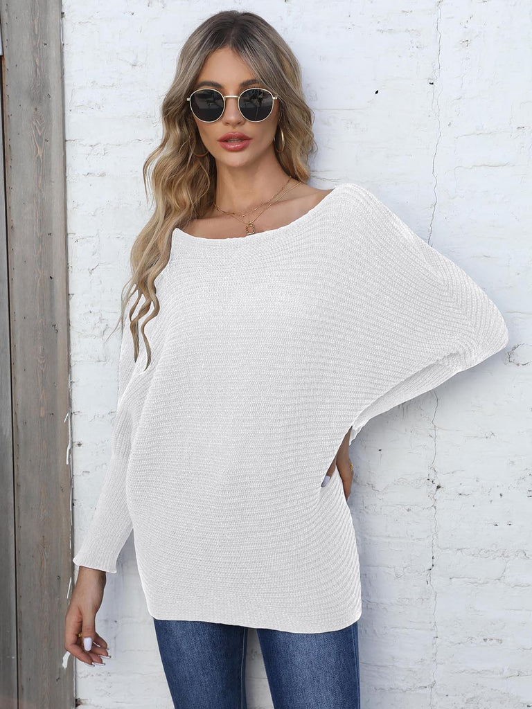 Light Gray Full Size Horizontal Ribbing Dolman Sleeve Sweater