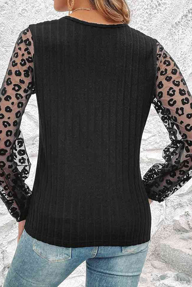 Dark Slate Gray Leopard Long Sleeve V-Neck Top Trends