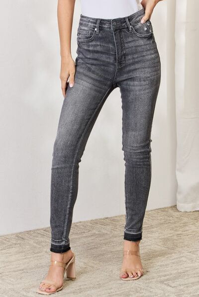 Light Gray Judy Blue Full Size High Waist Tummy Control Release Hem Skinny Jeans Plus Size Clothing