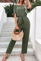 Light Gray Off-Shoulder Tie Cuff Jumpsuit with Pockets Clothing