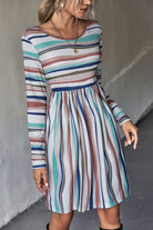 Slate Gray Striped Round Neck Long Sleeve Tee Dress