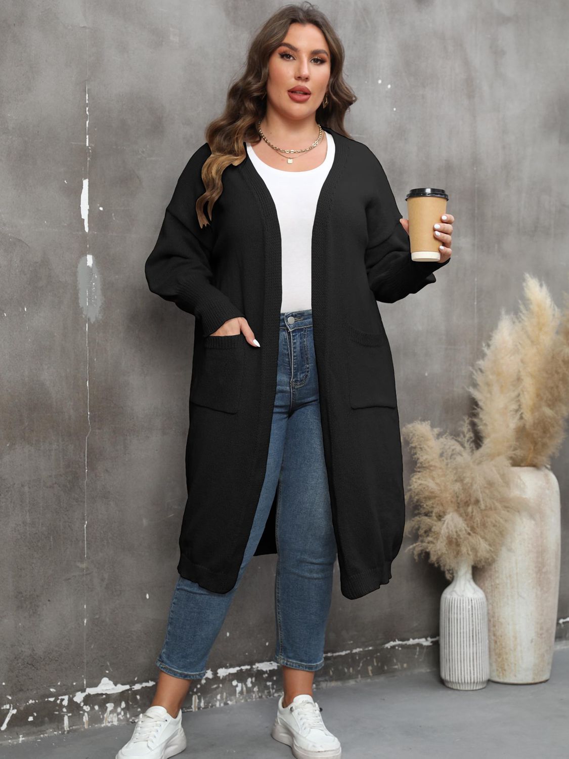 Slate Gray Plus Size Long Sleeve Pocketed Cardigan Clothing