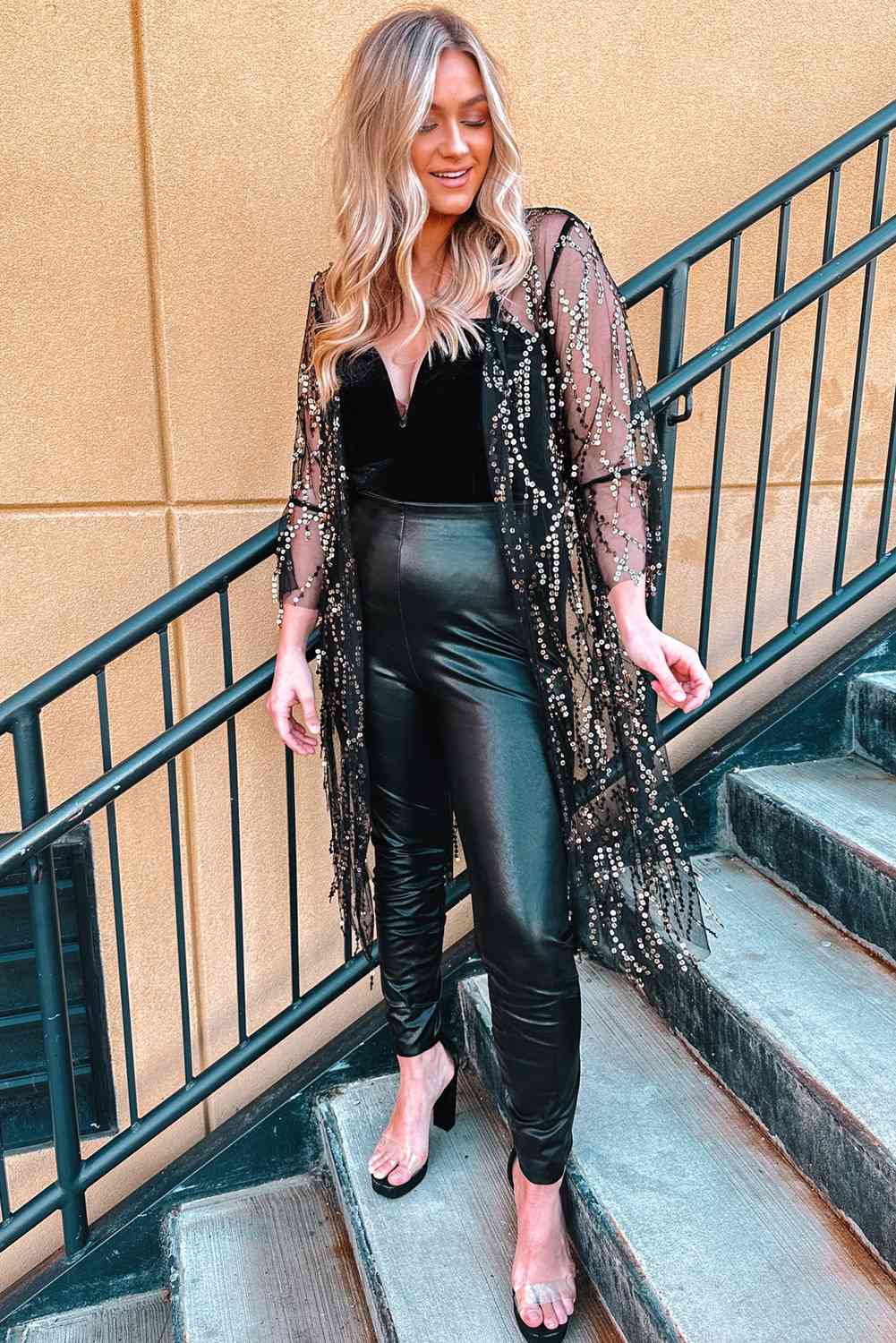 Gray Sequin Open Front Sheer Cardigan Holiday