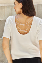Gray Pearly White Full Size Criss Cross Pearl Detail Open Back T-Shirt Blouses