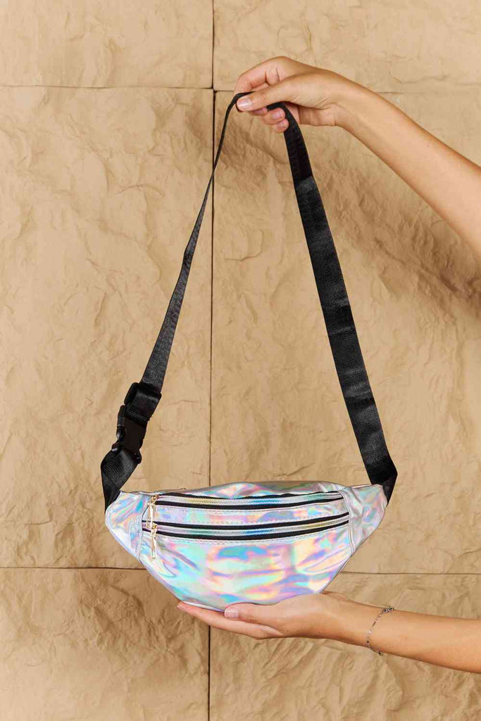 Tan Fame Good Vibrations Holographic Double Zipper Fanny Pack in Silver Gifts