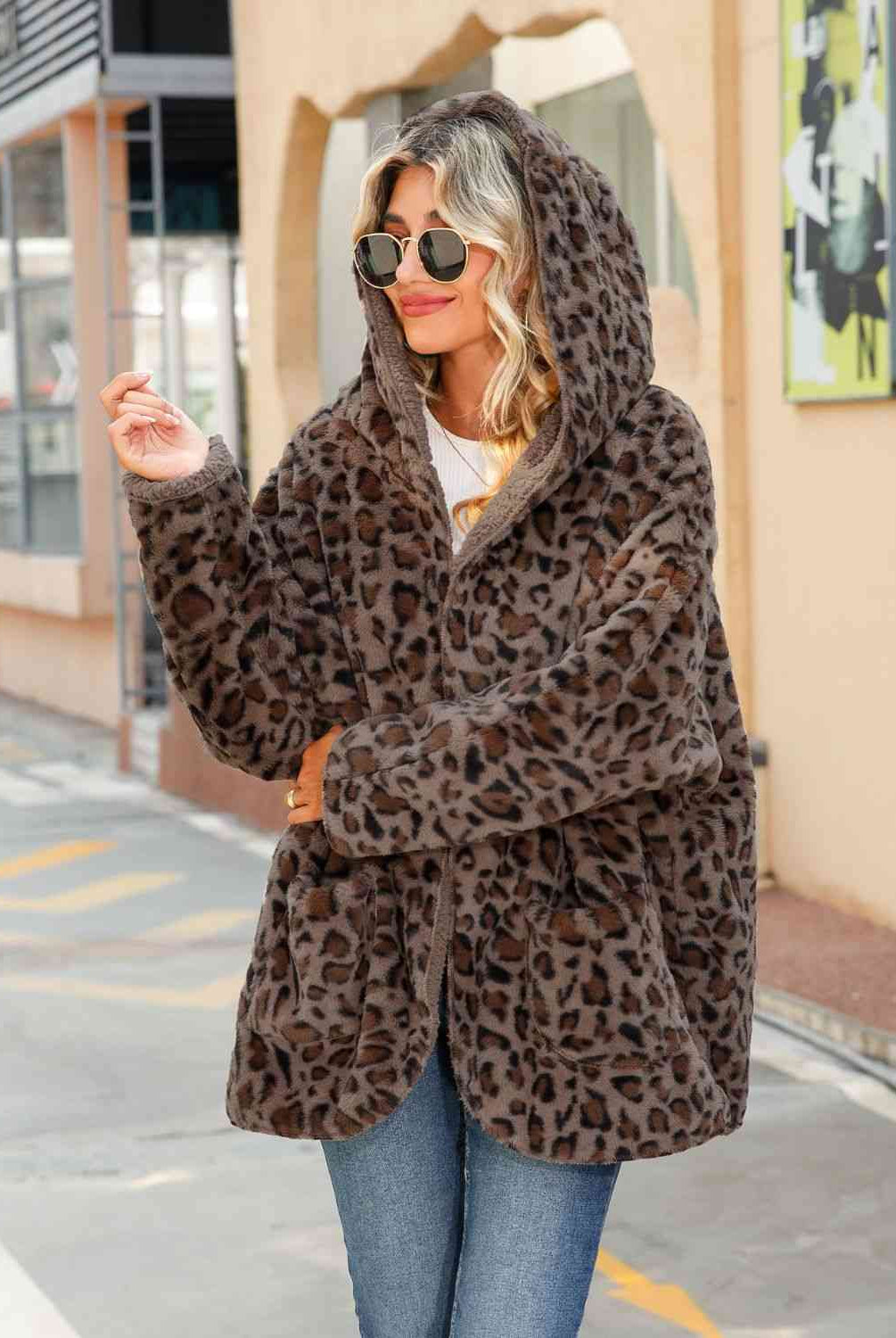 Gray Leopard Hooded Coat with Pockets Trends