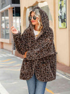 Gray Leopard Hooded Coat with Pockets Trends