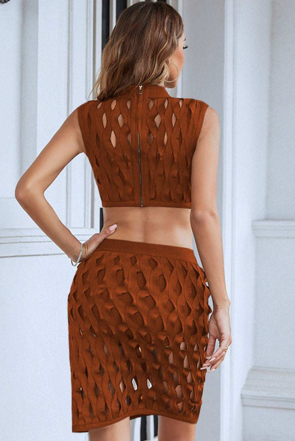 Saddle Brown Openwork Cropped Top and Skirt Set Outfit Sets