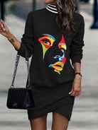 Dark Gray Printed Turtleneck Long Sleeve Mini Dress Trends