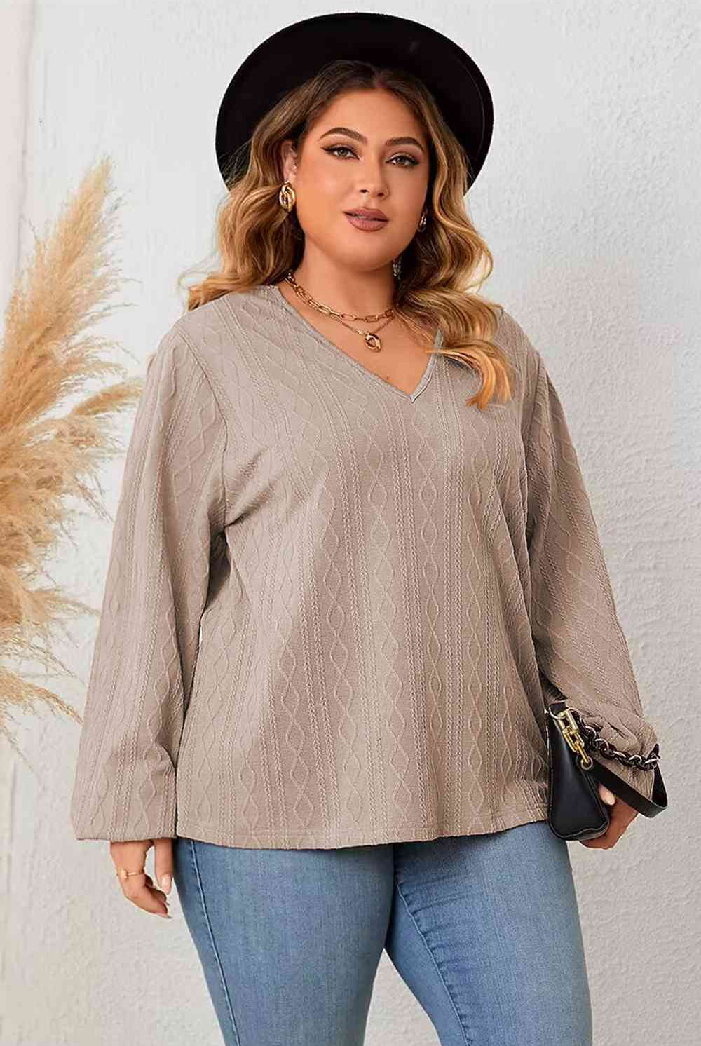 Gray Just Live Plus Size Lace Detail V-Neck Long Sleeve Blouse Plus Size Sweaters