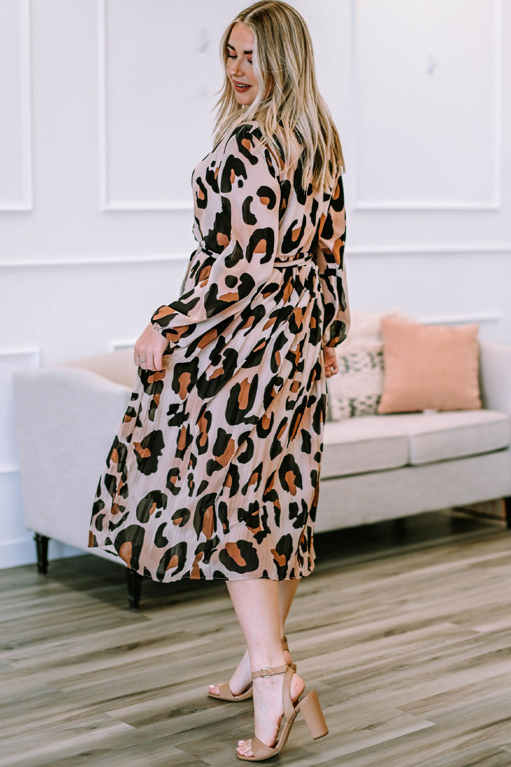 Gray Plus Size Leopard Print Surplice Neck Long Sleeve Midi Dress Clothing