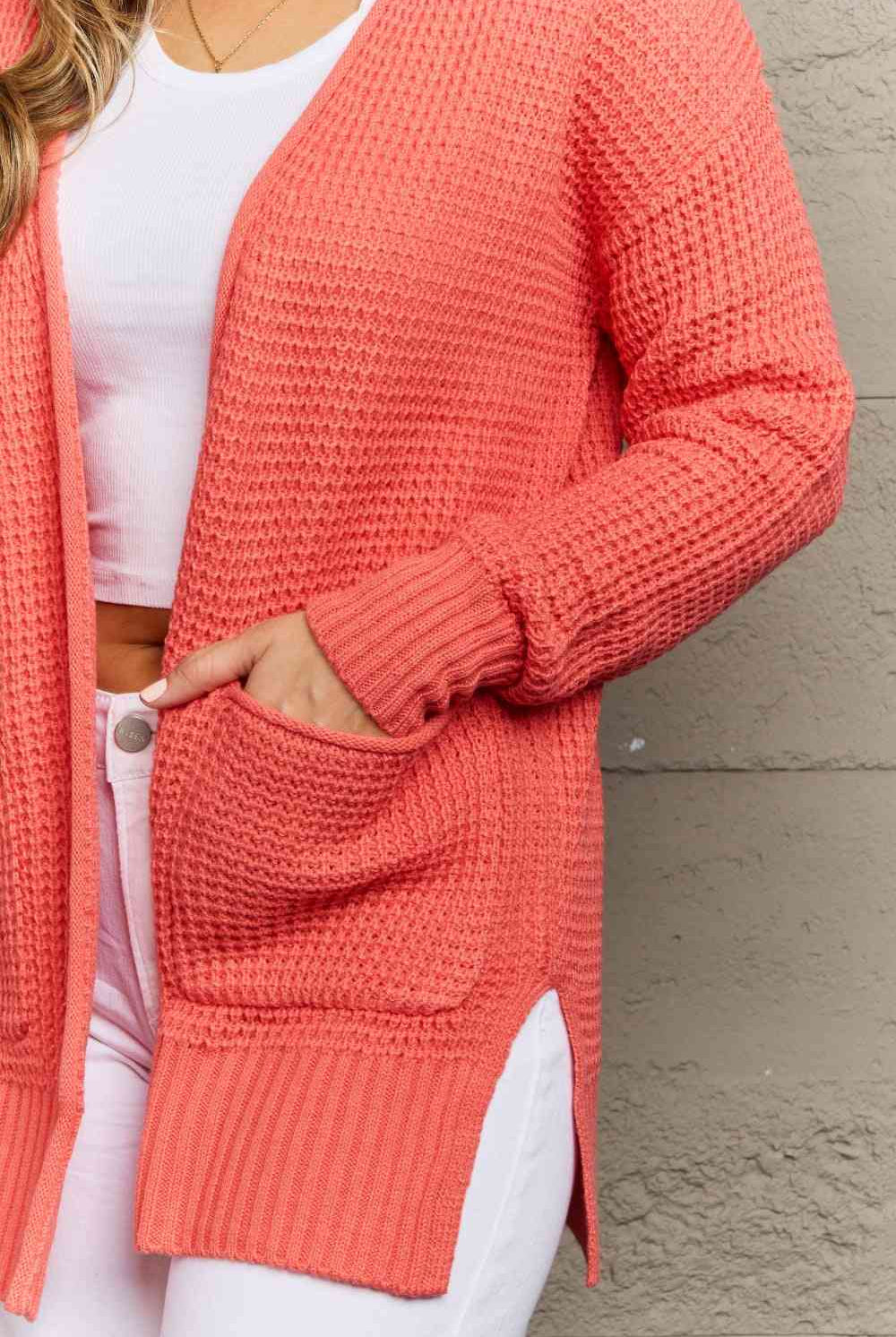 Light Coral Zenana Bright & Cozy Full Size Waffle Knit Cardigan Clothing