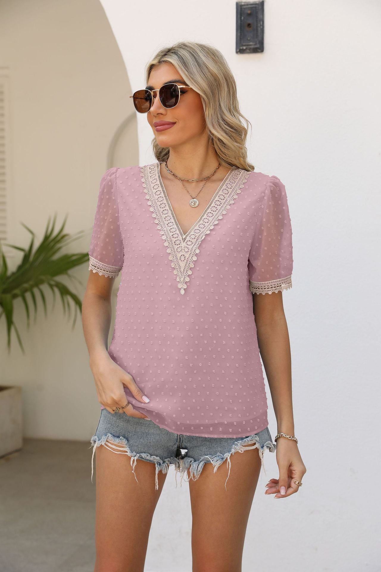 Gray Contrast V-Neck Swiss Dot Top Clothing