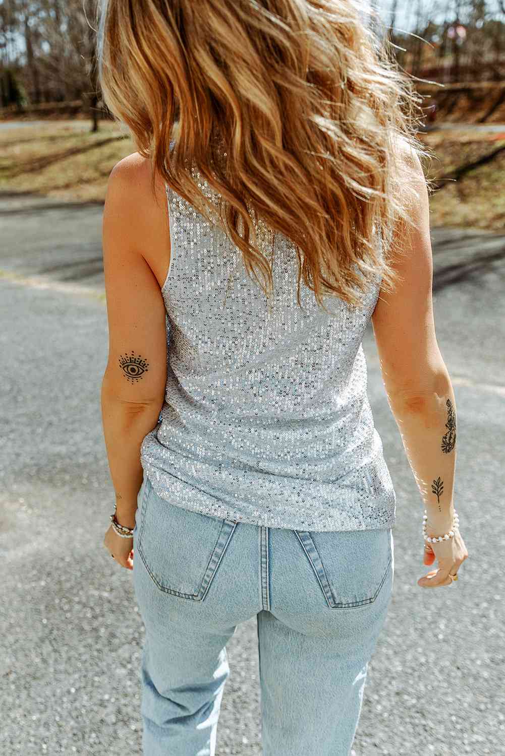 Dark Gray Sequin Button Front V-Neck Tank Holiday