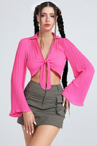 Thistle Tie Front Johnny Collar Flare Sleeve Cropped Top Clothing