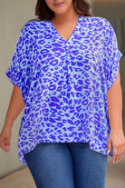 Dark Gray Plus Size Printed Notched Neck Half Sleeve Top Tops