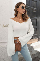Light Gray Cropped V-Neck Flare Sleeve Knit Top Clothing
