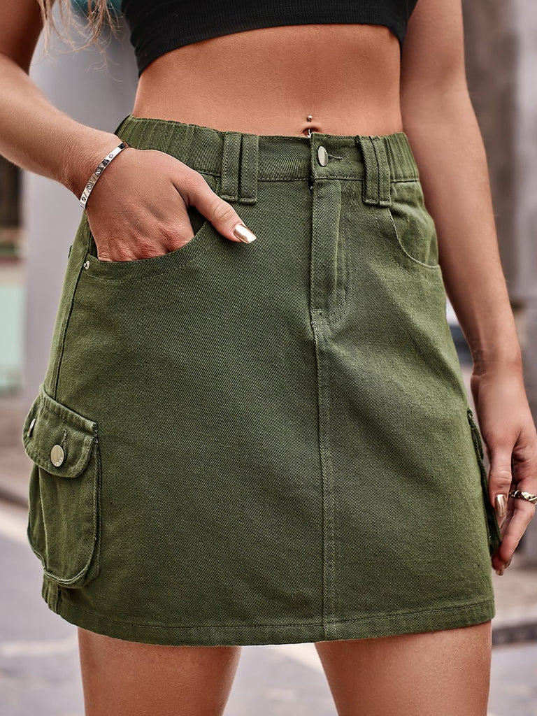 Dark Slate Gray Denim Mini Skirt with Pockets Denim