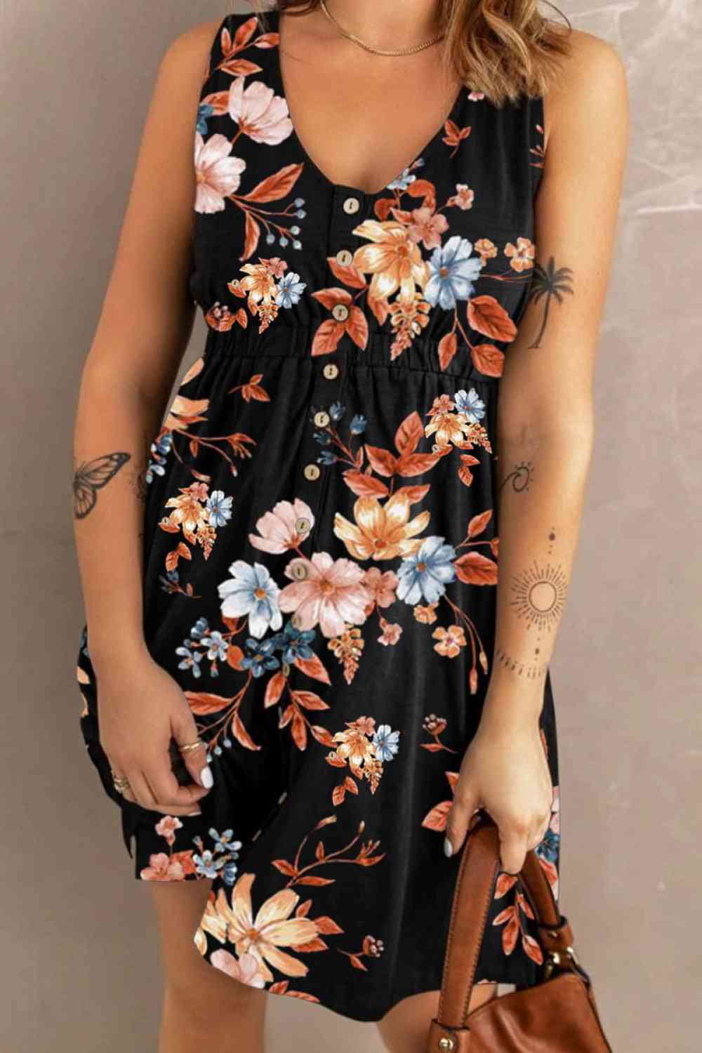 Rosy Brown Double Take Printed Scoop Neck Sleeveless Buttoned Magic Dress with Pockets Trends