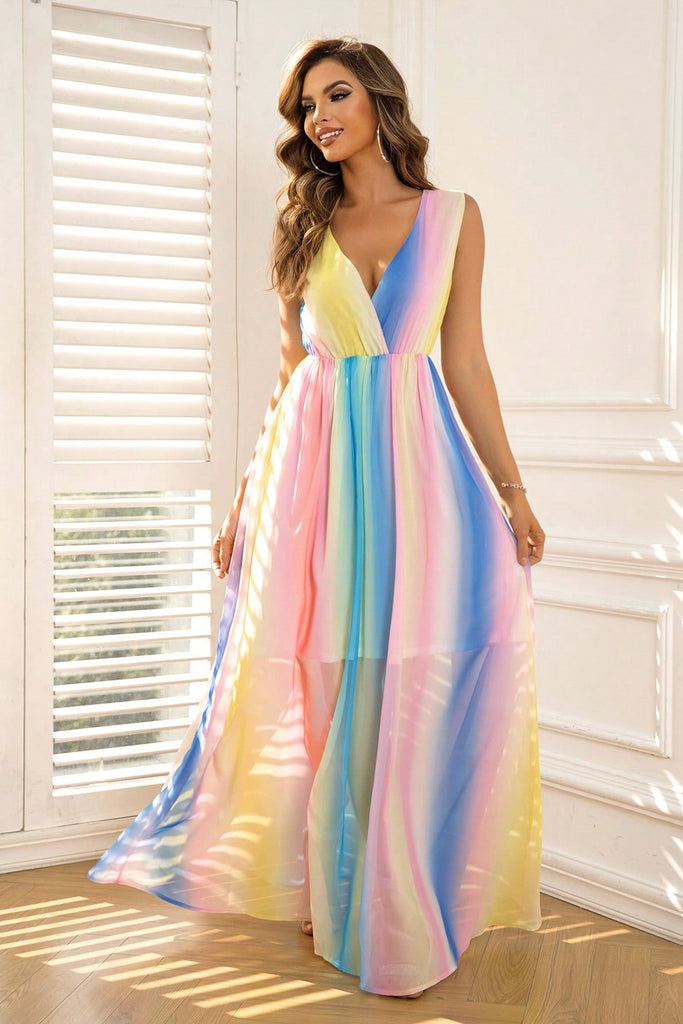 Light Gray Surplice Neck Sleeveless Maxi Dress Formalwear