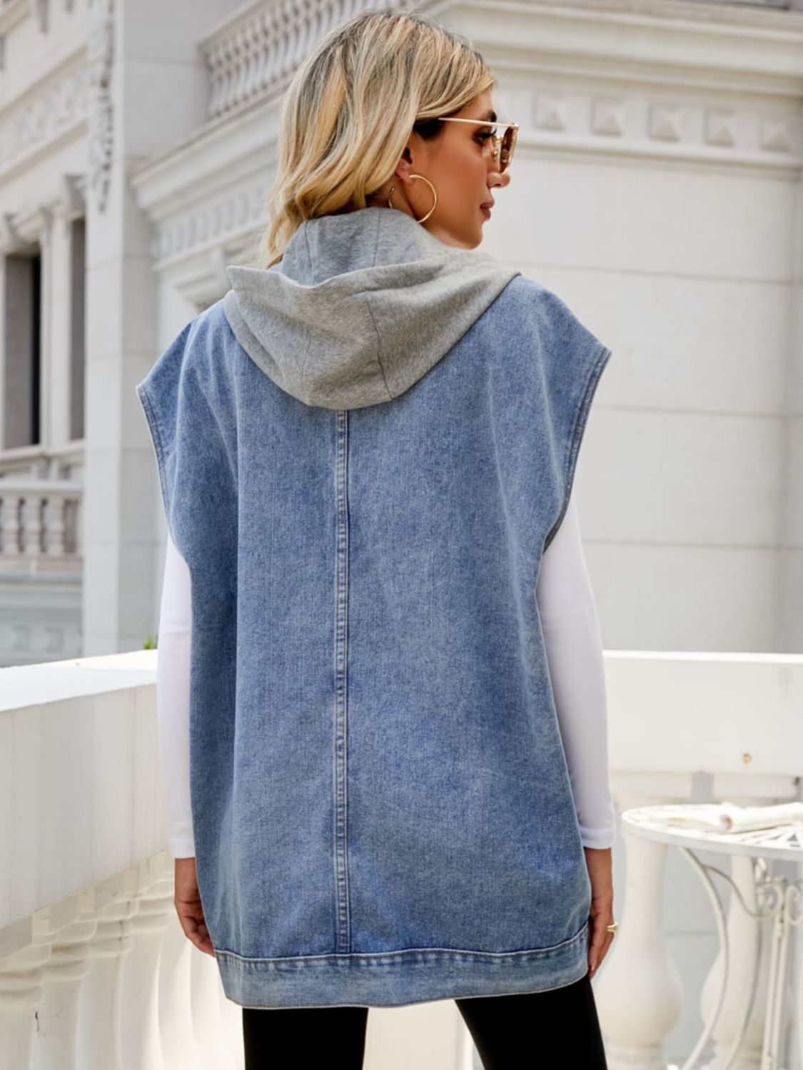 Gray Hooded Sleeveless Denim Top with Pockets Denim