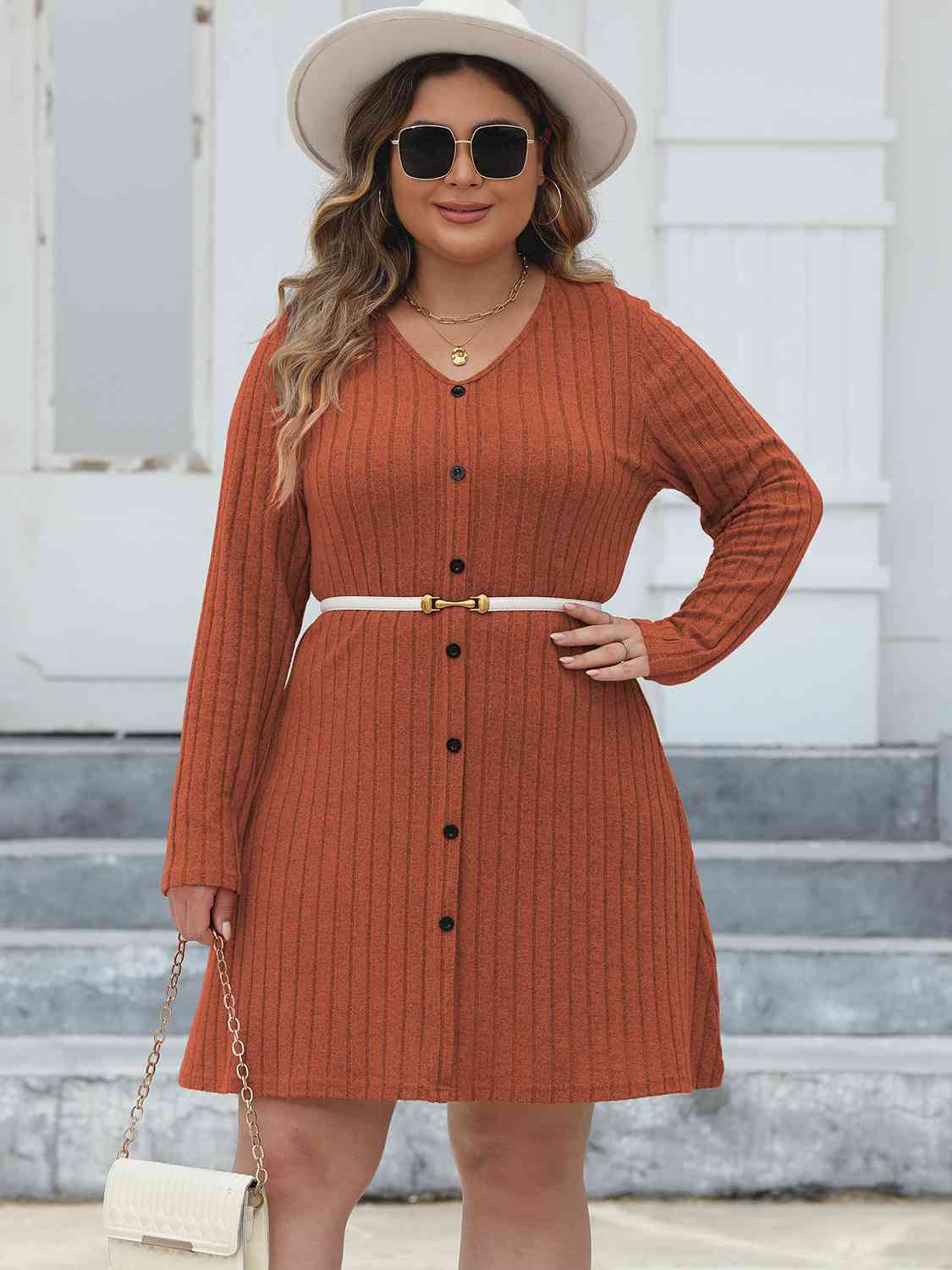 Gray Plus Size Ribbed Buttoned V-Neck Long Sleeve Dress Holiday