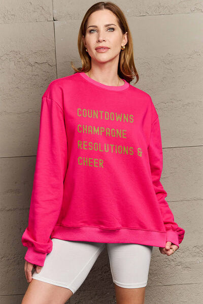 Rosy Brown Simply Love Full Size COUNTDOWNS CHAMPAGNE RESOLUTIONS & CHEER Round Neck Sweatshirt Plus Size Clothing
