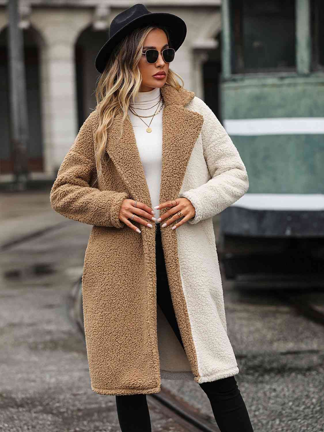 Dim Gray Contrast Dropped Shoulder Sherpa Coat Clothes