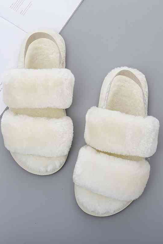 Gray Cozy Season Faux Fur Open Toe Slippers House Shoes