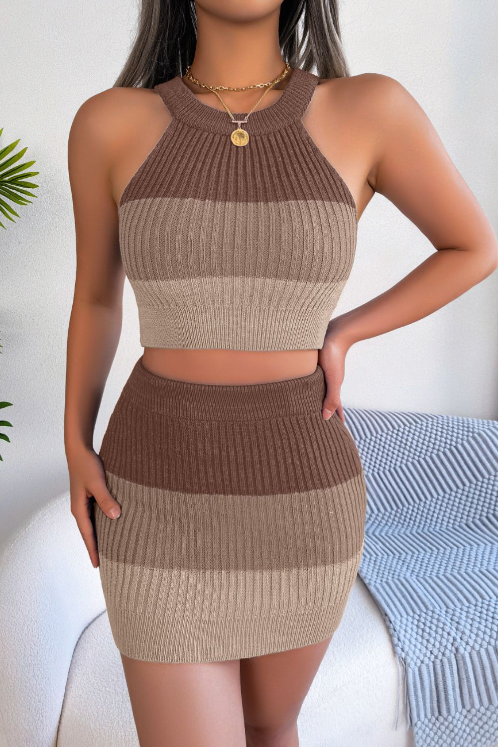 Gray Color Block Sleeveless Crop Knit Top and Skirt Set Outfit Sets