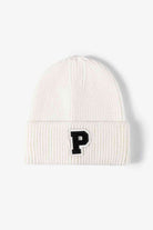 White Smoke Letter Patch Cuffed Knit Beanie Winter Accessories