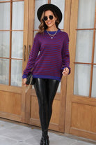 Rosy Brown Striped Round Neck Dropped Shoulder Sweater Capsule