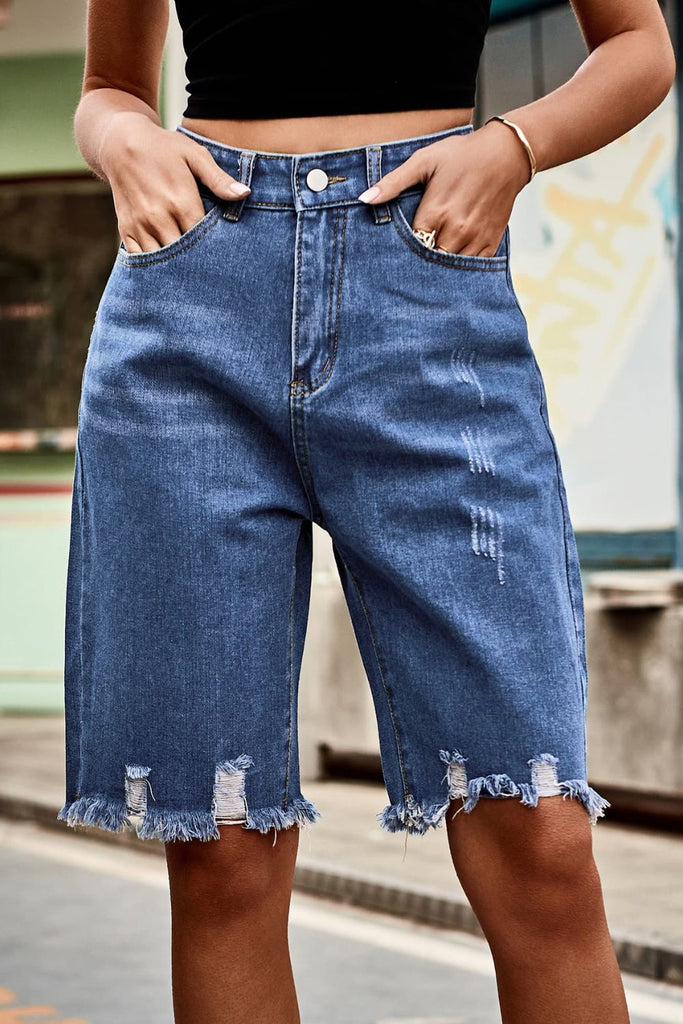 Dark Slate Gray Raw Hem High Waist Denim Shorts with Pockets Denim