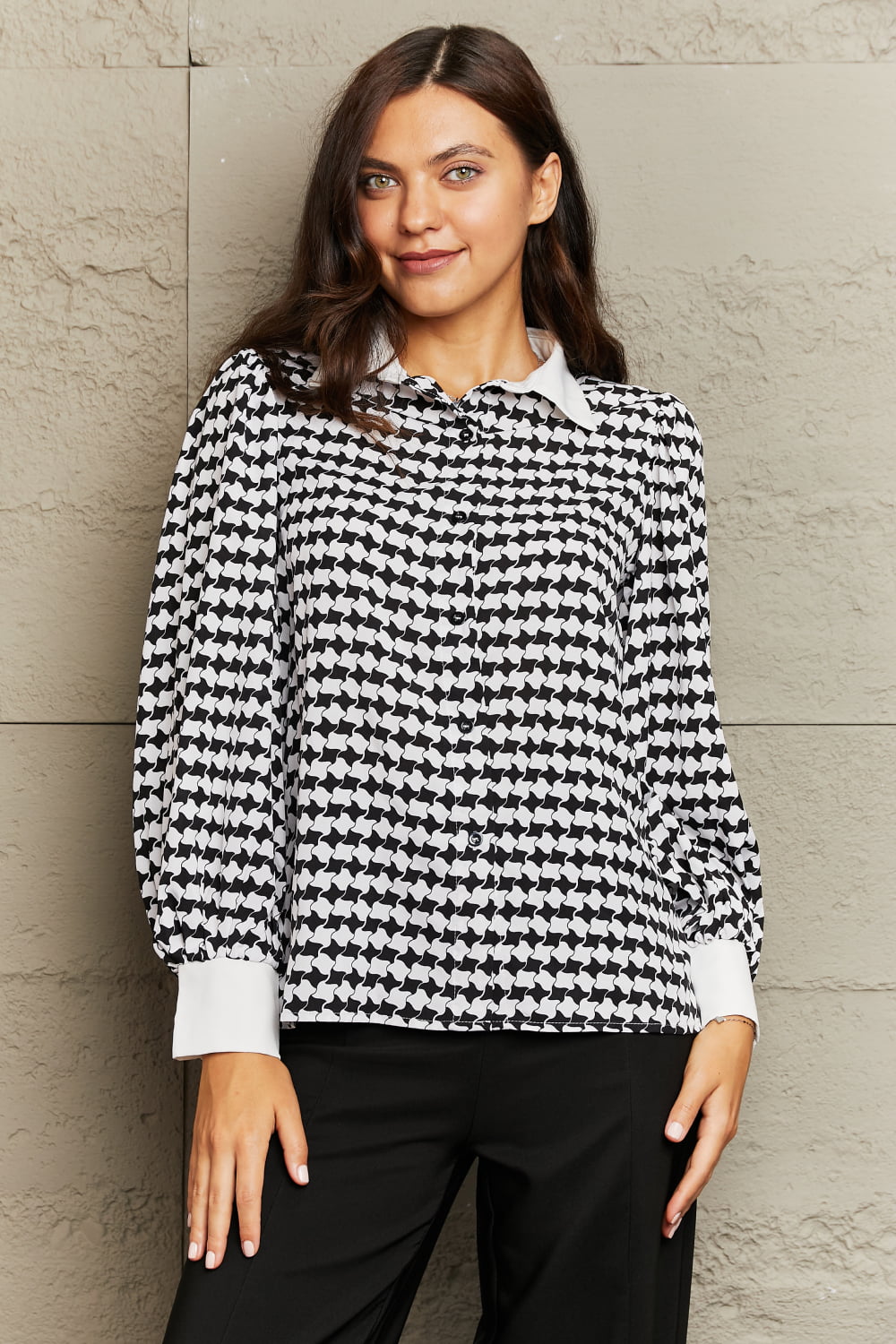 Dark Gray Retro Romance Houndstooth Printed Collared Neck Lantern Sleeve Shirt Blouses