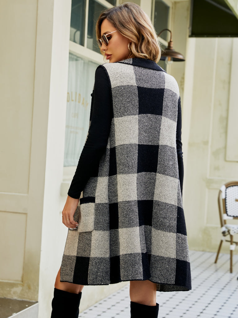 Gray Plaid Lapel Collar Sleeveless Cardigan