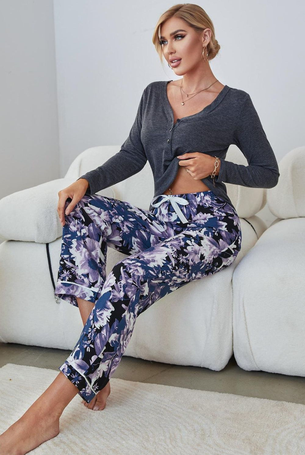 Gray V-Neck Henley Top and Floral Pants Lounge Set Pajamas