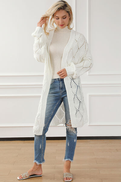 Light Gray Openwork Open Front Dropped Shoulder Cardigan