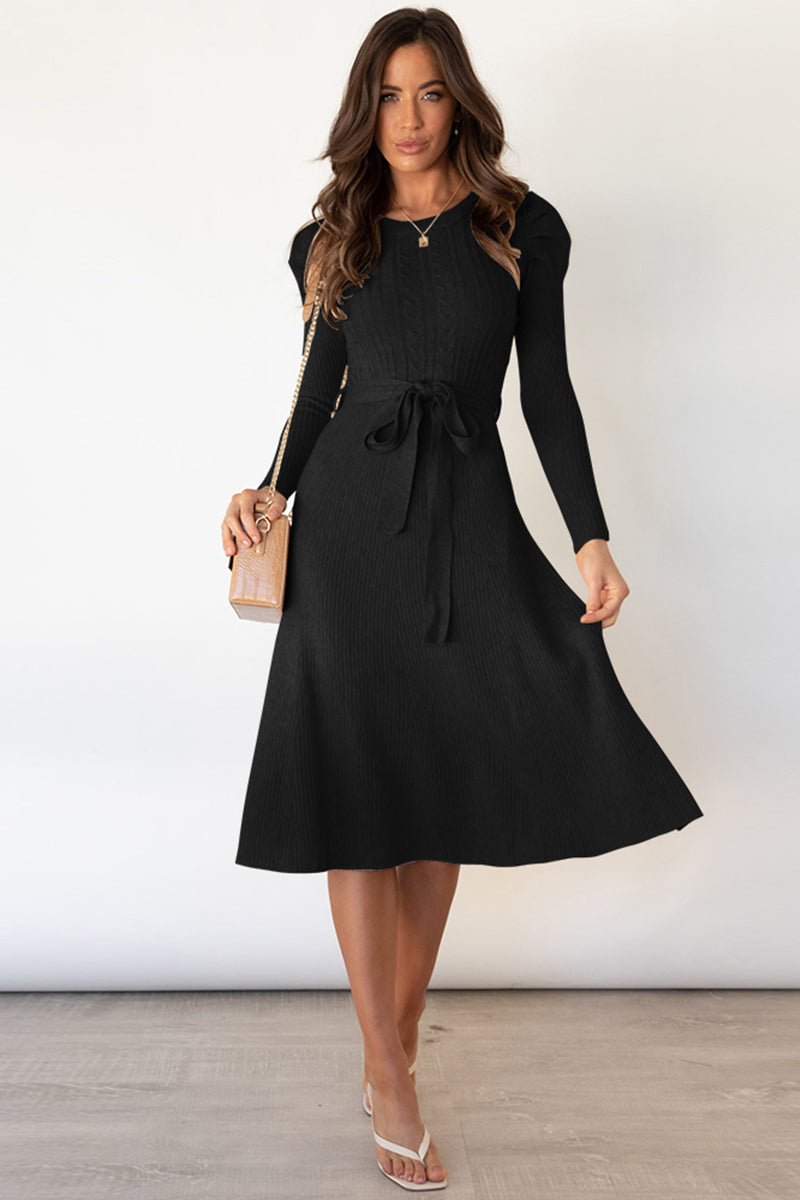 Black Round Neck Long Sleeve Tie Waist Sweater Dress Clothing