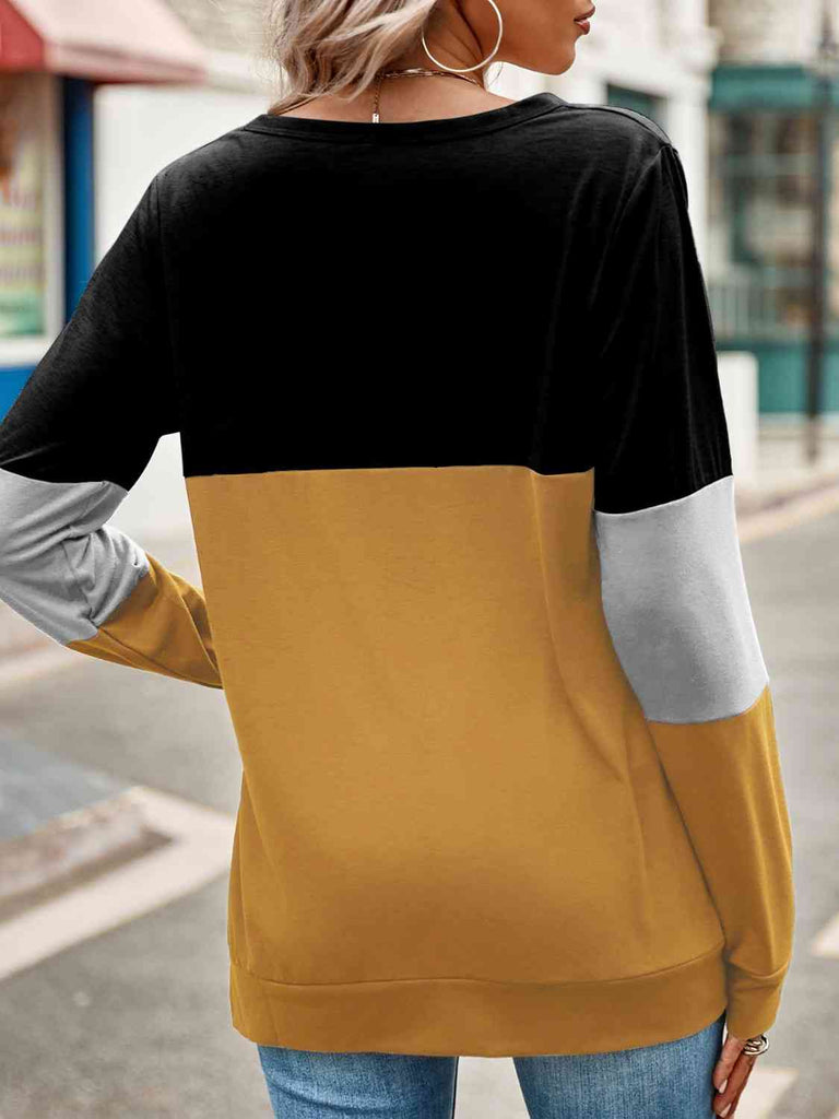 Rosy Brown Color Block Cutout Round Neck Long Sleeve T-Shirt Holiday