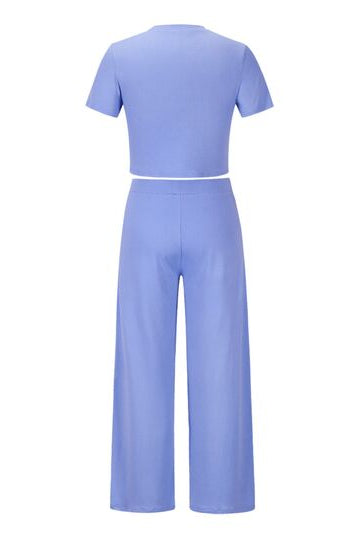 Medium Purple Round Neck Short Sleeve Top and Pocketed Pants Set