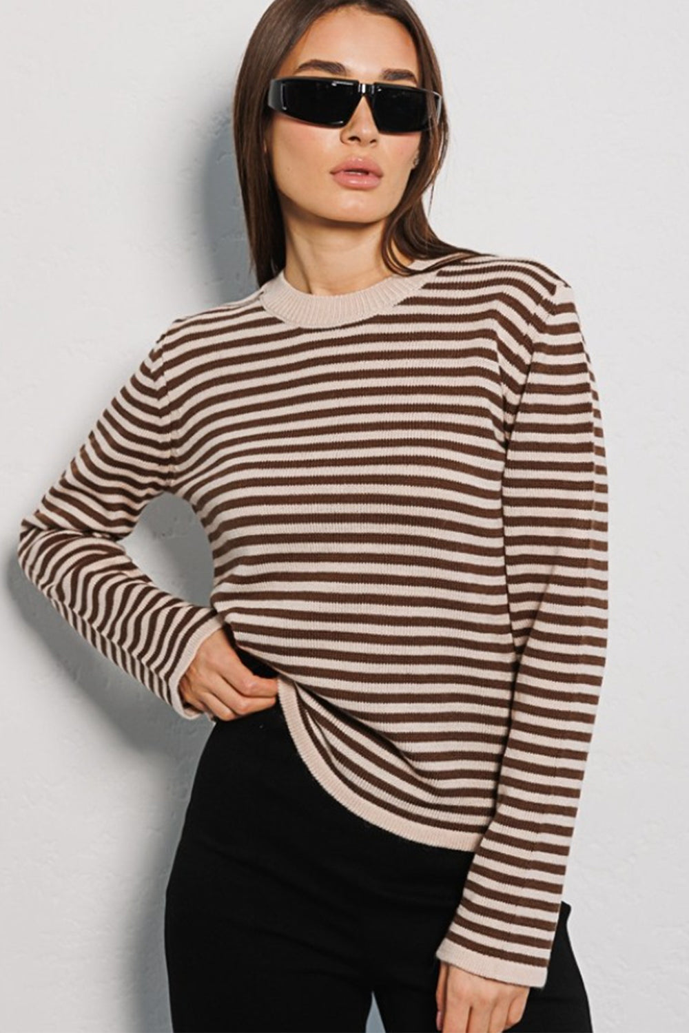 Black Striped Round Neck Long Sleeve Sweater Clothing