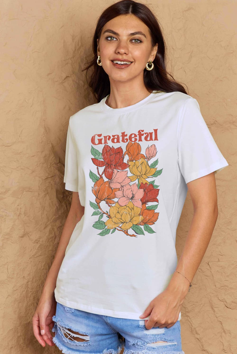 Rosy Brown Simply Love Full Size GRATEFUL Flower Graphic Cotton T-Shirt Graphic Tees