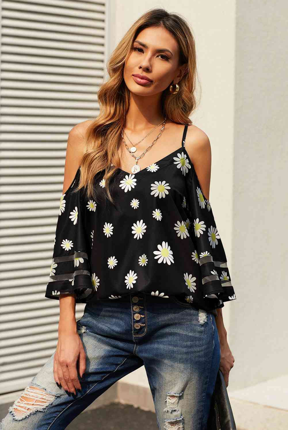 Gray Printed Cold-Shoulder Three-Quarter Flare Sleeve Blouse Trends