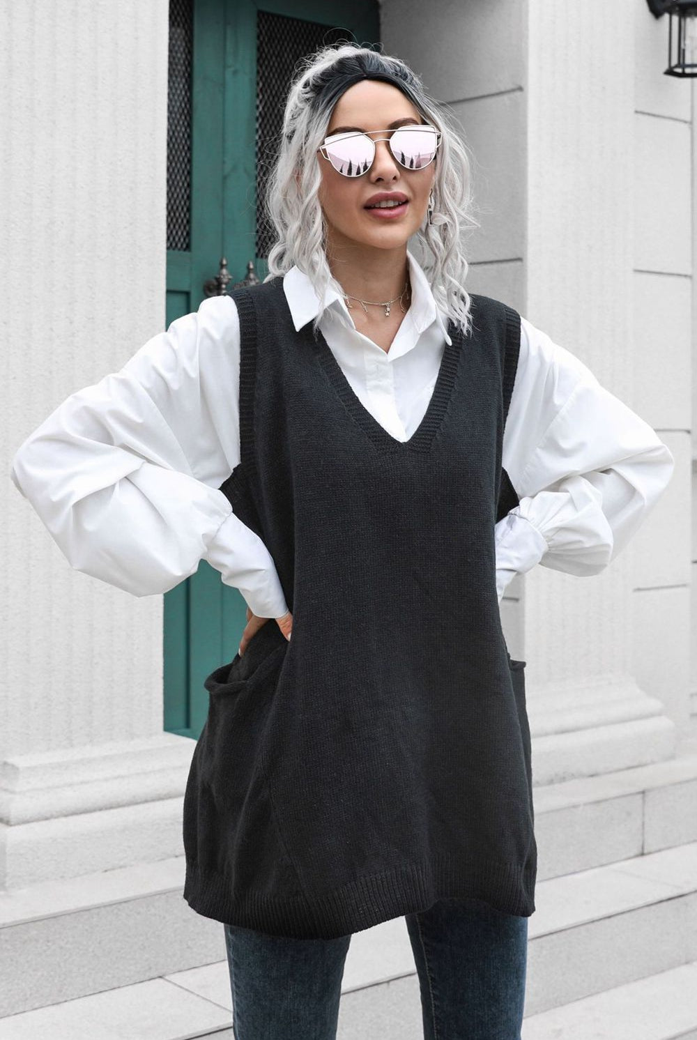 Dark Slate Gray V-Neck Sleeveless Sweater Vest with Pocket Clothing