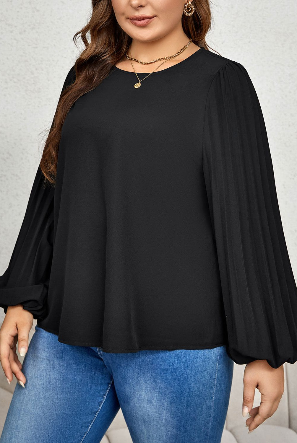 Dark Slate Gray Living The Dream Plus Size Round Neck Puff Sleeve Blouse Plus Size Tops