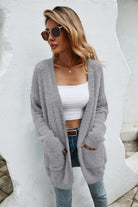 Gray Open Front Openwork Fuzzy Cardigan with Pockets