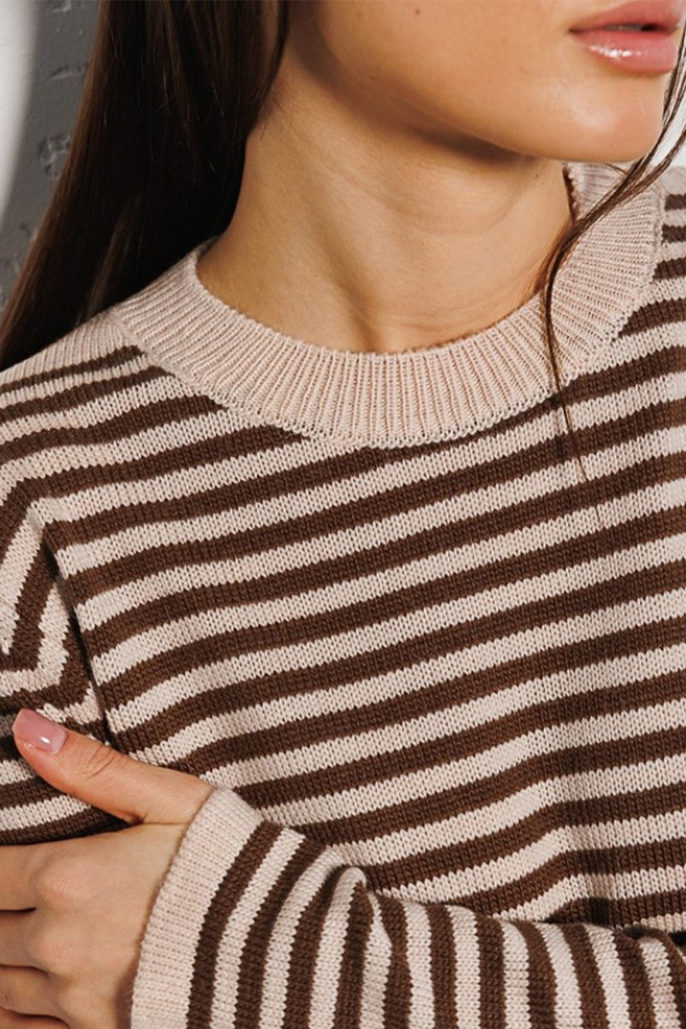 Rosy Brown Striped Round Neck Long Sleeve Sweater Clothing