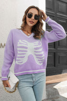 Gray Skeleton Pattern V-Neck Long Sleeve Pullover Sweater Clothing