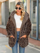 Slate Gray Leopard Hooded Coat with Pockets Trends